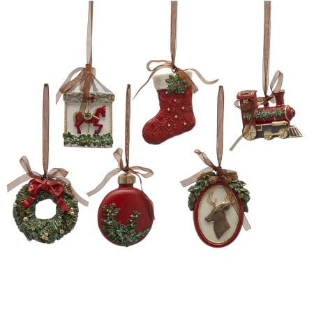 Set 6 ornamente brad Christmas Memories, 9 cm, rosu - BraziPremium By OLLMA