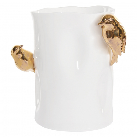 Obiecte decorative - Vaza din portelan cu pasari aurii, 21 cm, alb - BraziPremium.ro