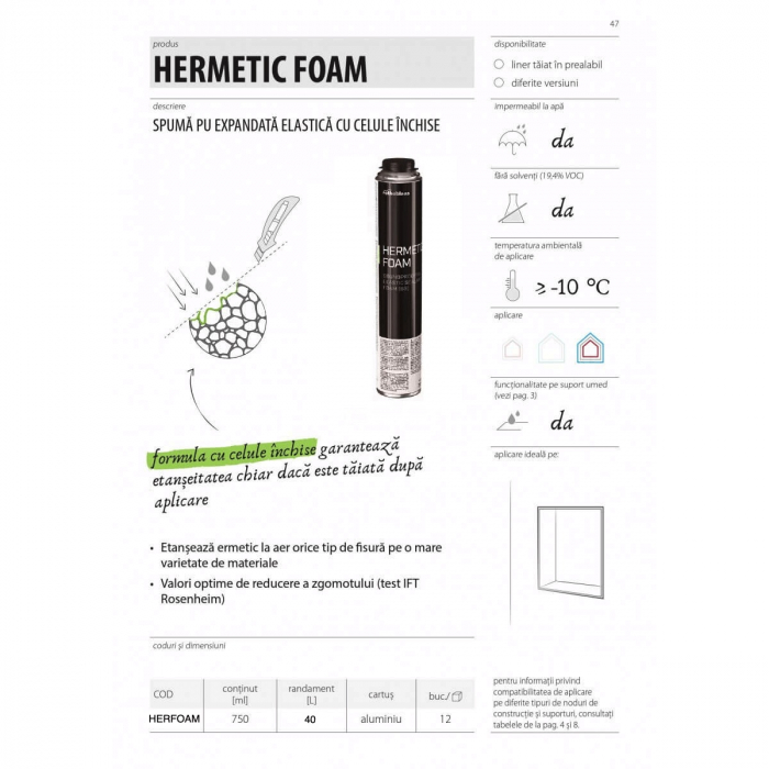 Spumă Flexibilă cu Celule închise Pentru Montaj Uși Ferestre HERMETIC FOAM 750mL [2]