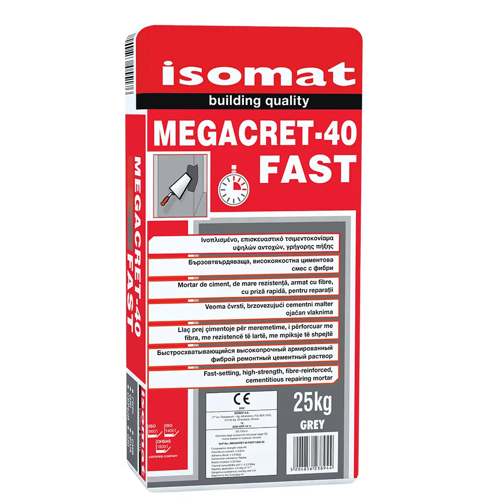 Reparare Beton, Subturnări și Ancorări - Mortar Armat cu Fibre, cu Priza Rapida si Rezistente Mari, Pentru Reparatii si Segregari MEGACRET-40 FAST, 25kg