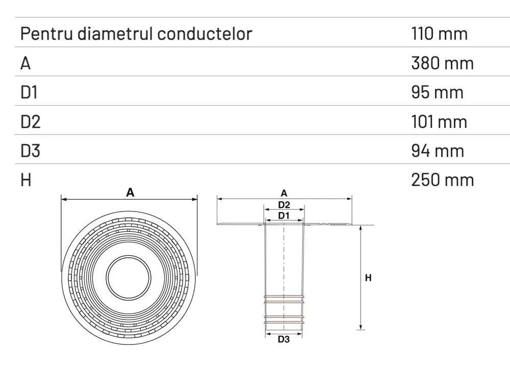 Scurgere Verticală TPE cu Flanșă și ieșire Rotundă L 250mm D 110mm [1]
