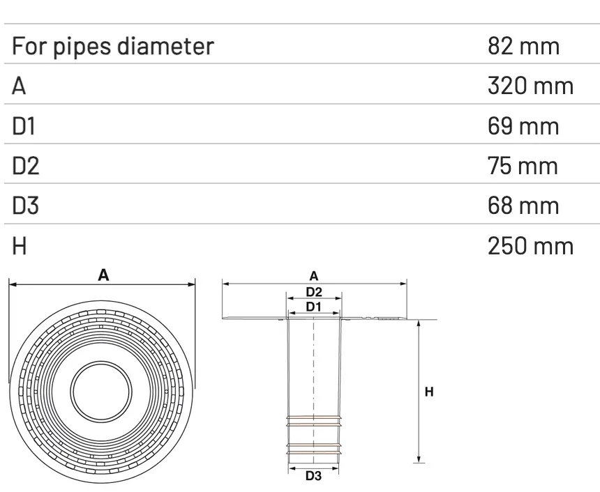 Scurgere Verticală TPE cu Flanșă și ieșire Rotundă L 250mm D 82mm [1]