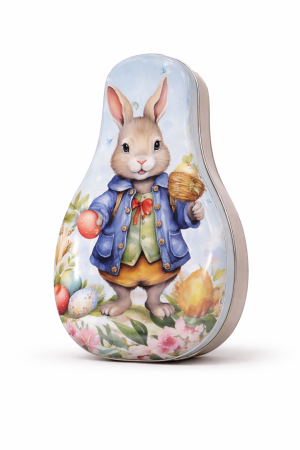 CADOURI DE PASTE - Cutie Cadou de Paște cu Iepuraș Elegant și Ouă Colorate, Metalică Decorativă Premium 100 gr