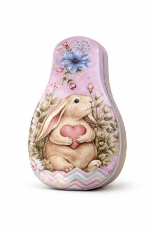 CADOURI DE PASTE - Cutie Cadou de Paște cu Iepuraș și Inimă, Metalică Decorativă, Design Floral Premium 100 gr