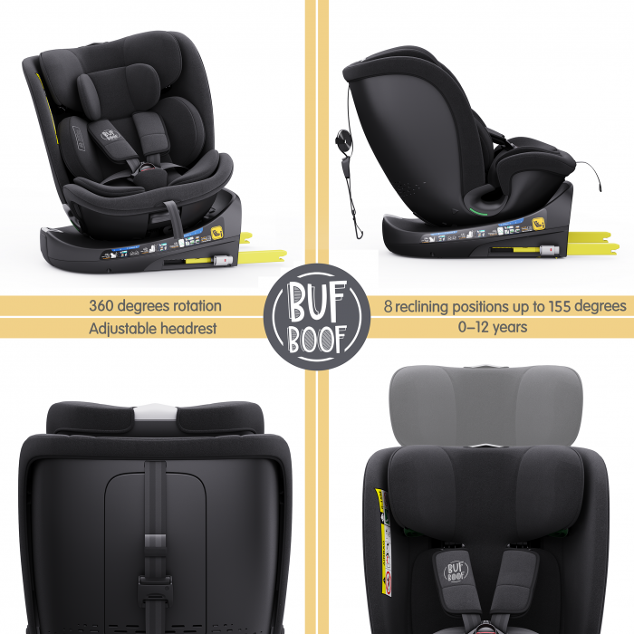 BUF BOOF B-Joy DELUXE iSize Autósülés, 360 °-os, 0-36 kg-os forgatással, 40-150 cm, Black [2]