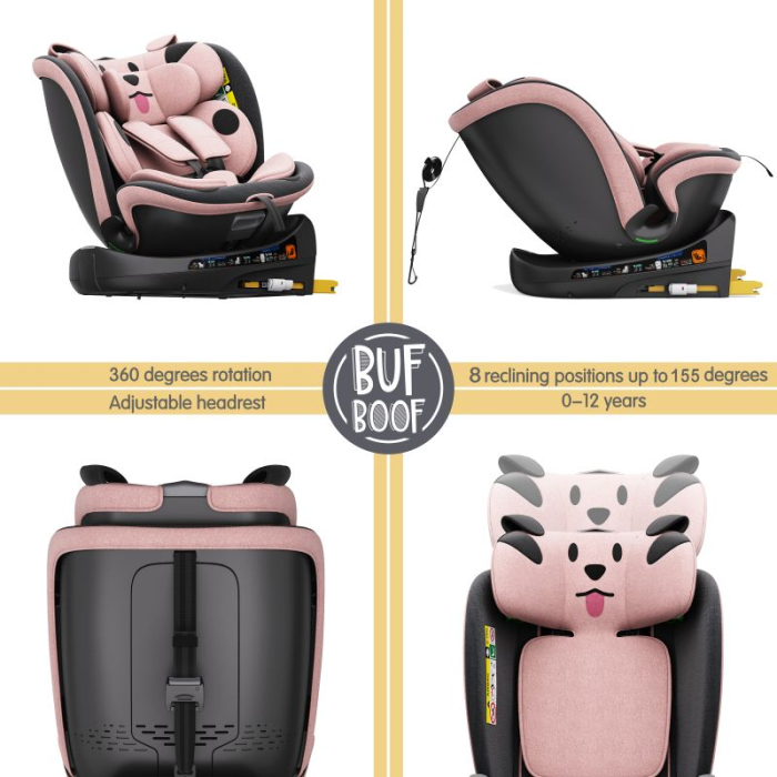 BUF BOOF B-Joy DELUXE iSize Autósülés, 360 °-os, 0-36 kg-os forgatással, 40-150 cm, PinkDOG [4]