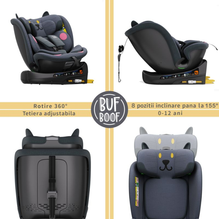 BUF BOOF B-Joy DELUXE iSize Autósülés, 360 °-os, 0-36 kg-os forgatással, 40-150 cm, DarkGreyCAT [4]