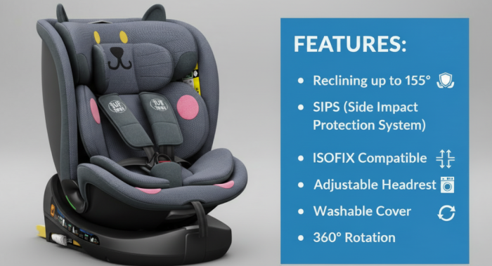 BUF BOOF B-Joy DELUXE iSize Autósülés, 360 °-os, 0-36 kg-os forgatással, 40-150 cm, DarkGreyCAT [6]
