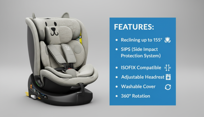 BUF BOOF B-Joy DELUXE iSize Autósülés, 360 °-os, 0-36 kg-os forgatással, 40-150 cm, LightGreyCAT [5]