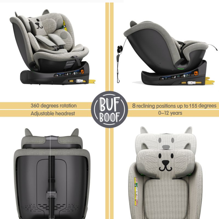 BUF BOOF B-Joy DELUXE iSize Autósülés, 360 °-os, 0-36 kg-os forgatással, 40-150 cm, LightGreyCAT [11]