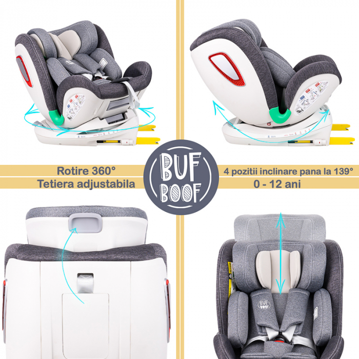 BUF BOOF Platinum DELUXE iSize Autósülés, 360 °-os, 0-36 kg-os forgatással, Top Tether 40-150 cm, Grey [4]