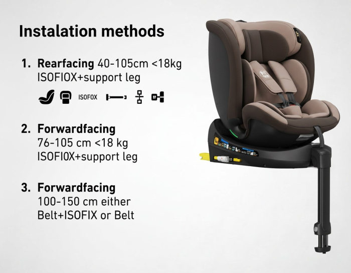 BUF BOOF® N-Fix iSize autós gyerekülés, ISOFIX, 360° forgatható, támasztóláb, 165° dönthető alvópozíció, 40–150 cm Coffee [3]