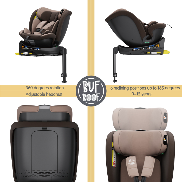 BUF BOOF® N-Fix iSize autós gyerekülés, ISOFIX, 360° forgatható, támasztóláb, 165° dönthető alvópozíció, 40–150 cm Coffee [10]