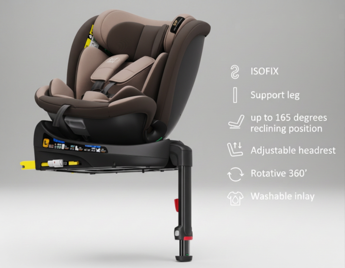BUF BOOF® N-Fix iSize autós gyerekülés, ISOFIX, 360° forgatható, támasztóláb, 165° dönthető alvópozíció, 40–150 cm Coffee [2]