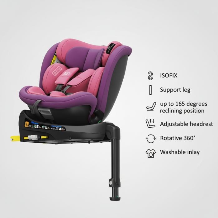 BUF BOOF® N-Fix iSize autós gyerekülés, ISOFIX, 360° forgatható, támasztóláb, 165° dönthető alvópozíció, 40–150 cm Pink [3]