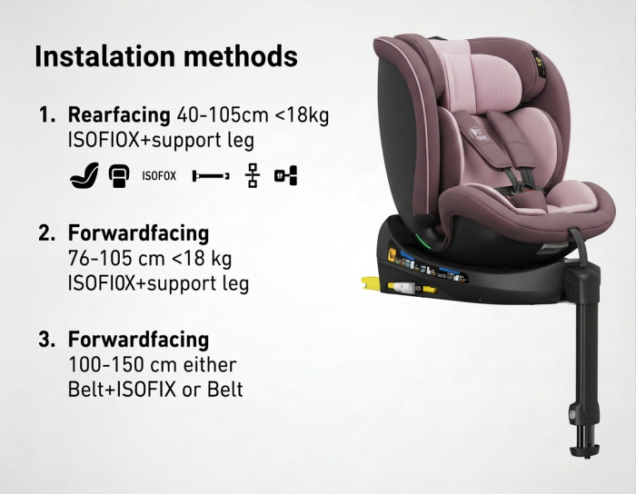 BUF BOOF® N-Fix iSize autós gyerekülés, ISOFIX, 360° forgatható, támasztóláb, 165° dönthető alvópozíció, 40–150 cm LightPurple [3]
