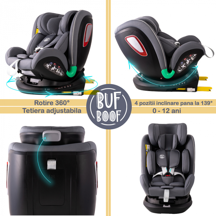 BUF BOOF Platinum DELUXE iSize Autósülés, 360 °-os, 0-36 kg-os forgatással, Top Tether 40-150 cm, SimpleGrey [3]