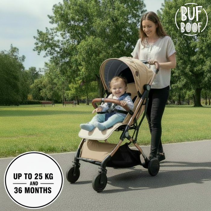 BUF BOOF® S-16 Könnyű sport babakocsi, 0–36 hónap, teljesen vízszintes 180°-os dönthetőség, összecsukható rendszer trolley funkcióval Sand [2]