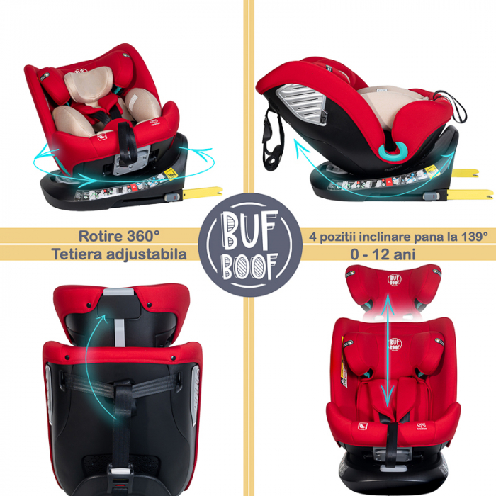 BUF BOOF Saphir Deluxe iSize Autósülés, 360 °-os, 0-36 kg-os forgatással, 40-150 cm, Red [4]