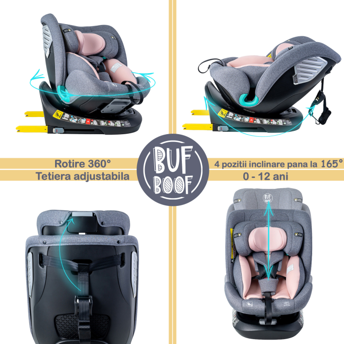BUF BOOF Saphir Deluxe iSize Autósülés, 360 °-os, 0-36 kg-os forgatással, 40-150 cm, Pink [10]