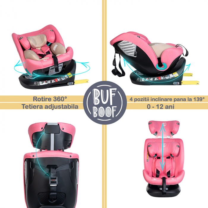 BUF BOOF Saphir Deluxe iSize Autósülés, 360 °-os, 0-36 kg-os forgatással, 40-150 cm, Pink [4]