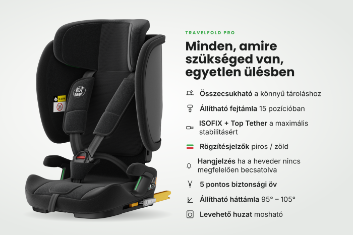 BUF BOOF® TravelFold PRO i-Size autósülés, Összecsukható, ISOFIX + Top Tether, 15 pozícióban állítható fejtámla, csak 5,6 kg, 9–36 kg, 76–150 cm, Fekete [4]
