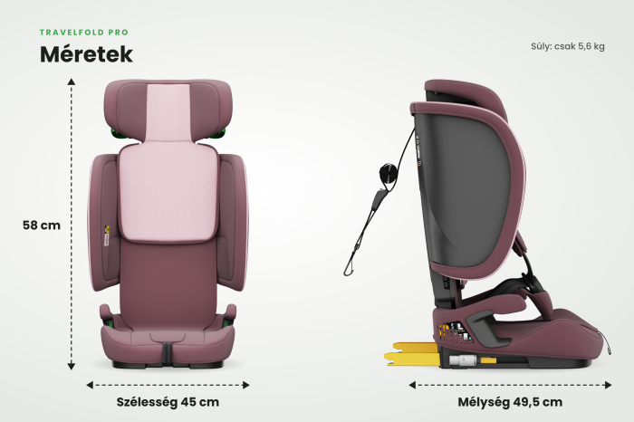 BUF BOOF® TravelFold PRO i-Size autósülés, Összecsukható, ISOFIX + Top Tether, 15 pozícióban állítható fejtámla, csak 5,6 kg, 9–36 kg, 76–150 cm, Rózsaszín [6]