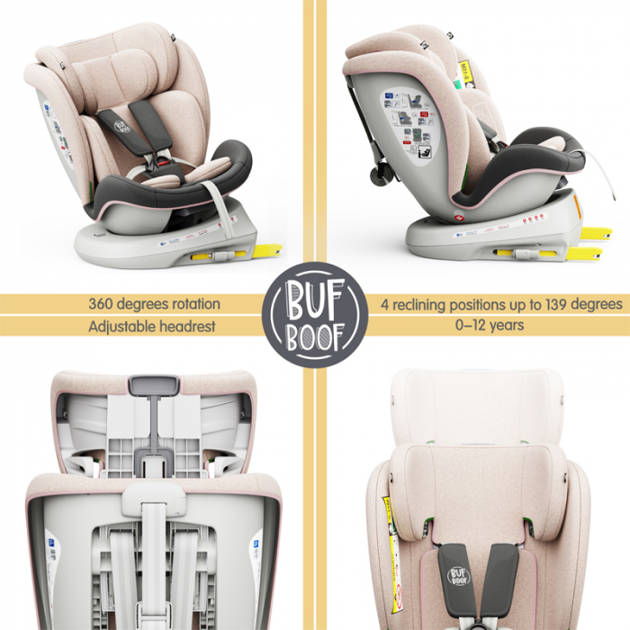 BUF BOOF TWT Plus iSize Autósülés, 360 °-os, 0-36 kg-os forgatással, 40-150 cm, LightPink [3]