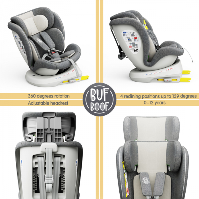 BUF BOOF TWT Plus iSize Autósülés, 360 °-os, 0-36 kg-os forgatással, 40-150 cm, CreamGrey [3]