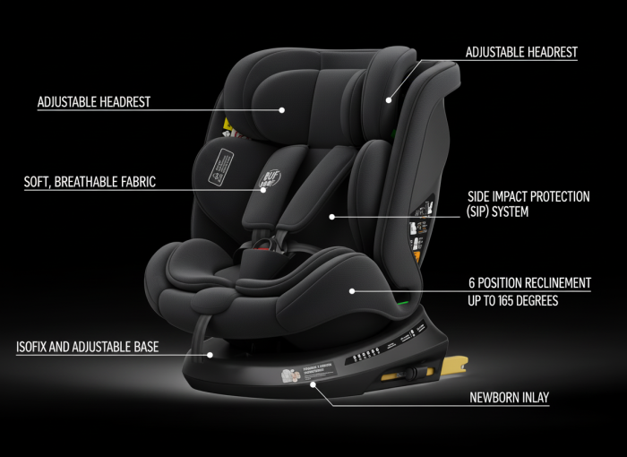 BUF BOOF® TWT Plus DELUXE i-Size R129 360°-ban forgatható autós gyerekülés, ISOFIX, 40–150 cm (0–36 kg) BlackJeans [5]