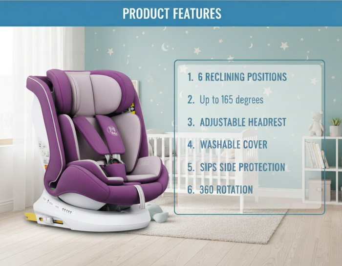 BUF BOOF® P100 i-Size R129 gyerekülés 40–150 cm, 360°-ban forgatható ISOFIX autósülés oldalsó ütközésvédelemmel, 165°-ig dönthető, Purple [3]