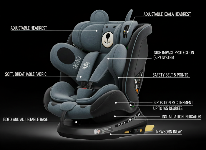 BUF BOOF TWT Plus iSize Autósülés, 360 °-os, 0-36 kg-os forgatással, 40-150 cm, UrsBlack [9]