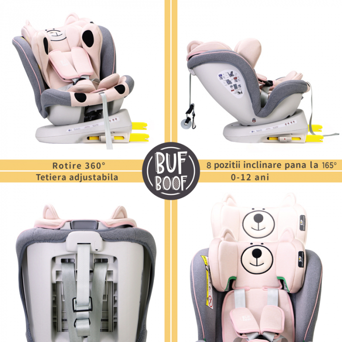 BUF BOOF TWT Plus iSize Autósülés, 360 °-os, 0-36 kg-os forgatással, 40-150 cm, UrsPink [6]