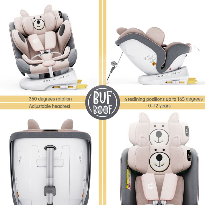 BUF BOOF TWT Plus iSize Autósülés, 360 °-os, 0-36 kg-os forgatással, 40-150 cm, UrsPink [9]