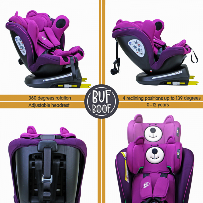 BUF BOOF TWT Plus iSize Autósülés, 360 °-os, 0-36 kg-os forgatással, 40-150 cm, UrsPurple [4]