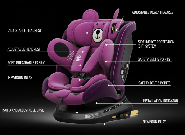 BUF BOOF TWT Plus iSize Autósülés, 360 °-os, 0-36 kg-os forgatással, 40-150 cm, UrsPurple [3]