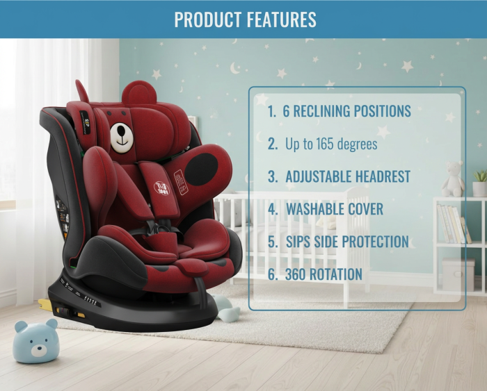 BUF BOOF TWT Plus iSize Autósülés, 360 °-os, 0-36 kg-os forgatással, 40-150 cm, UrsRed [5]