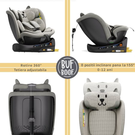 BUF BOOF B-Joy DELUXE iSize Autósülés, 360 °-os, 0-36 kg-os forgatással, 40-150 cm, LightGreyCAT [3]