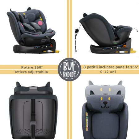 BUF BOOF B-Joy DELUXE iSize Autósülés, 360 °-os, 0-36 kg-os forgatással, 40-150 cm, DarkGreyCAT [3]