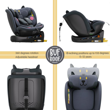 BUF BOOF B-Joy DELUXE iSize Autósülés, 360 °-os, 0-36 kg-os forgatással, 40-150 cm, DarkGreyCAT [12]