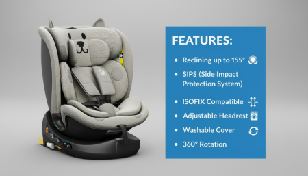 BUF BOOF B-Joy DELUXE iSize Autósülés, 360 °-os, 0-36 kg-os forgatással, 40-150 cm, LightGreyCAT [4]