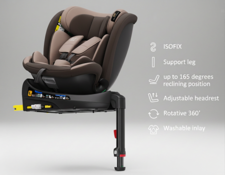 BUF BOOF® N-Fix iSize autós gyerekülés, ISOFIX, 360° forgatható, támasztóláb, 165° dönthető alvópozíció, 40–150 cm Coffee [1]