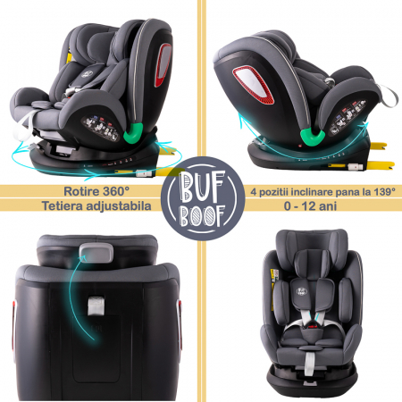 BUF BOOF Platinum DELUXE iSize Autósülés, 360 °-os, 0-36 kg-os forgatással, Top Tether 40-150 cm, SimpleGrey [2]