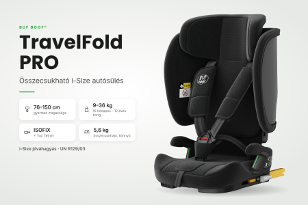 BUF BOOF® TravelFold PRO i-Size autósülés, Összecsukható, ISOFIX + Top Tether, 15 pozícióban állítható fejtámla, csak 5,6 kg, 9–36 kg, 76–150 cm, Fekete [2]