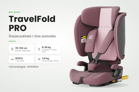 BUF BOOF® TravelFold PRO i-Size autósülés, Összecsukható, ISOFIX + Top Tether, 15 pozícióban állítható fejtámla, csak 5,6 kg, 9–36 kg, 76–150 cm, Rózsaszín [2]