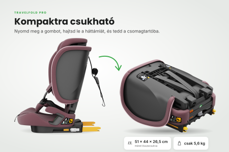 BUF BOOF® TravelFold PRO i-Size autósülés, Összecsukható, ISOFIX + Top Tether, 15 pozícióban állítható fejtámla, csak 5,6 kg, 9–36 kg, 76–150 cm, Rózsaszín [4]