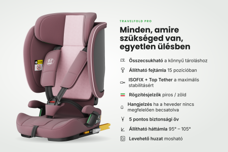 BUF BOOF® TravelFold PRO i-Size autósülés, Összecsukható, ISOFIX + Top Tether, 15 pozícióban állítható fejtámla, csak 5,6 kg, 9–36 kg, 76–150 cm, Rózsaszín [3]