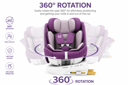BUF BOOF® P100 i-Size R129 gyerekülés 40–150 cm, 360°-ban forgatható ISOFIX autósülés oldalsó ütközésvédelemmel, 165°-ig dönthető, Purple [1]