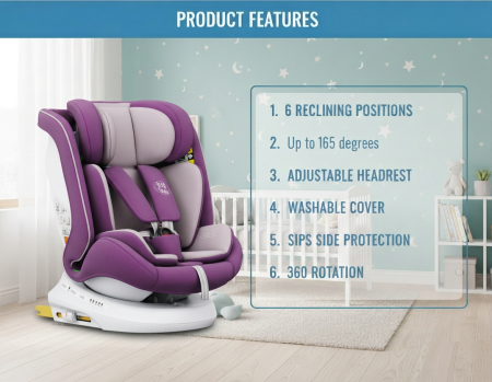 BUF BOOF® P100 i-Size R129 gyerekülés 40–150 cm, 360°-ban forgatható ISOFIX autósülés oldalsó ütközésvédelemmel, 165°-ig dönthető, Purple [2]