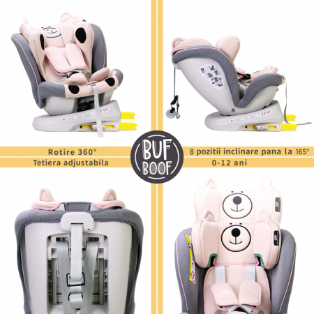 BUF BOOF TWT Plus iSize Autósülés, 360 °-os, 0-36 kg-os forgatással, 40-150 cm, UrsPink [5]